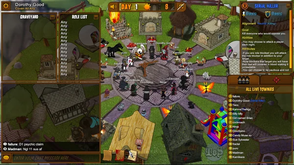 Daytime Town square, public chat and the player list in Town of Salem.