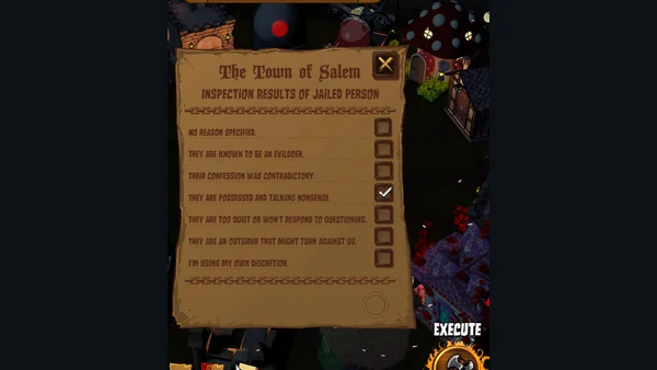 Jailor execution-reason checklist in the legacy Town of Salem client.