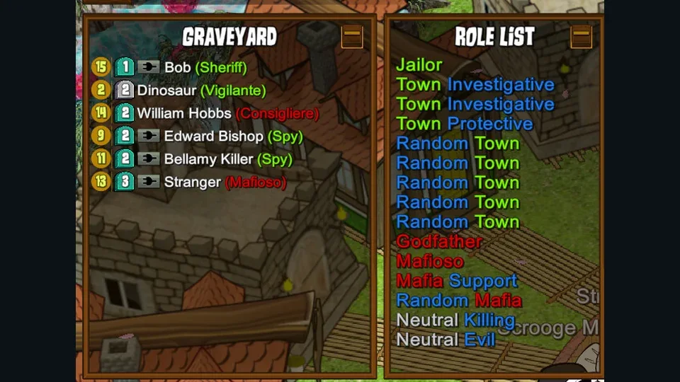 Graveyard and configured role list during a Town of Salem match
