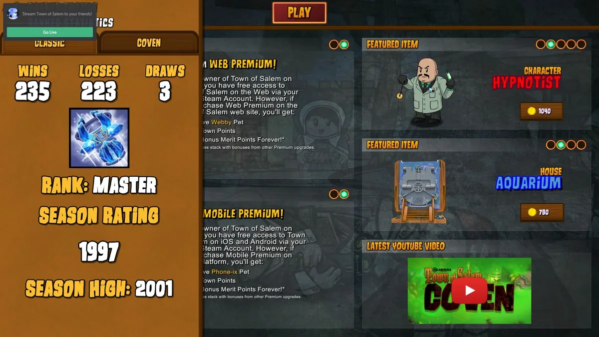 Town of Salem home screen with game modes and player customization.