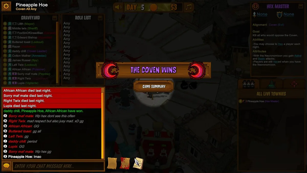 Town of Salem: coven victory with the faction role panel visible.