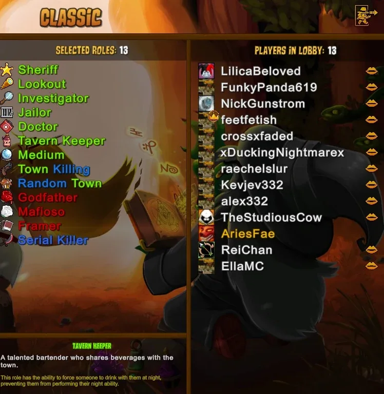 Town of Salem: the Classic lobby role list and players joining the match.