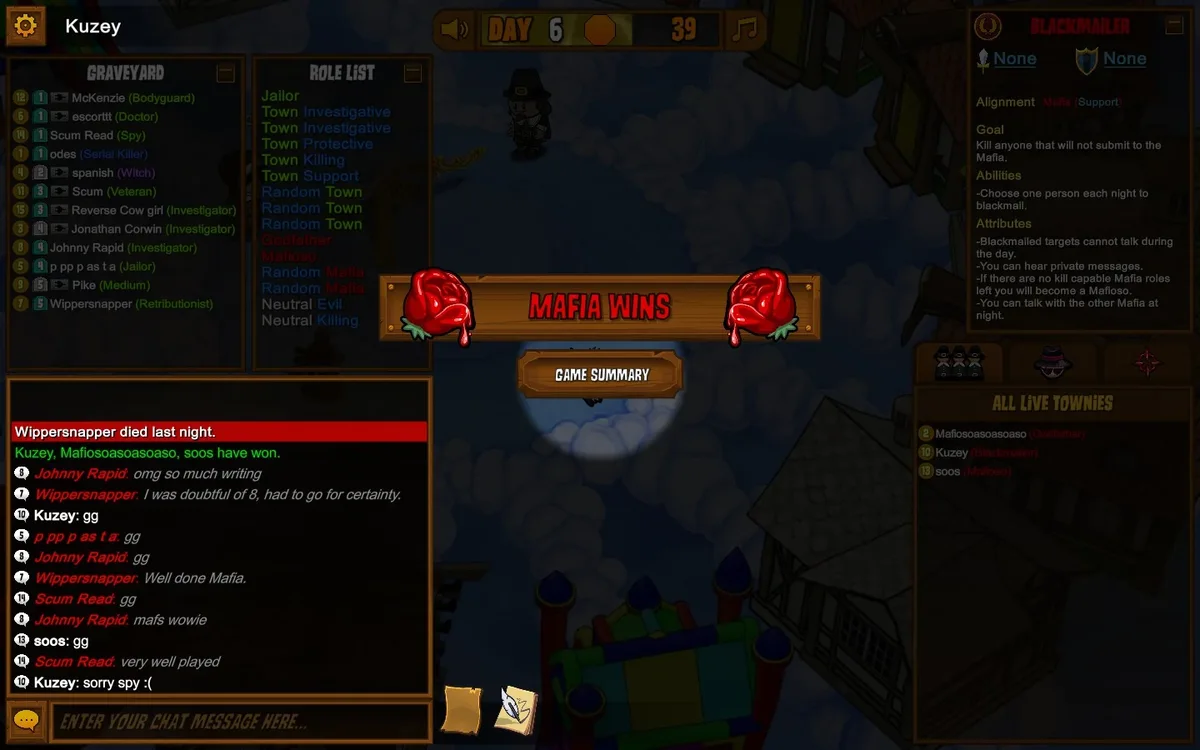 Town of Salem gameplay with the Blackmailer role panel visible.