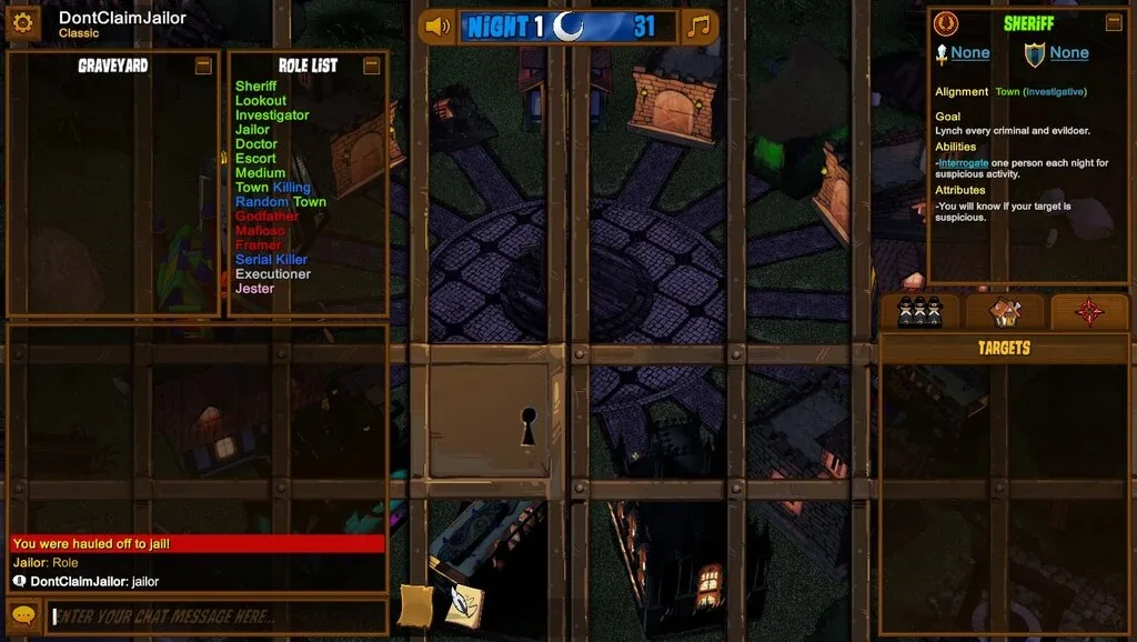 Town of Salem: a Sheriff jailed on the first night of a Classic match.