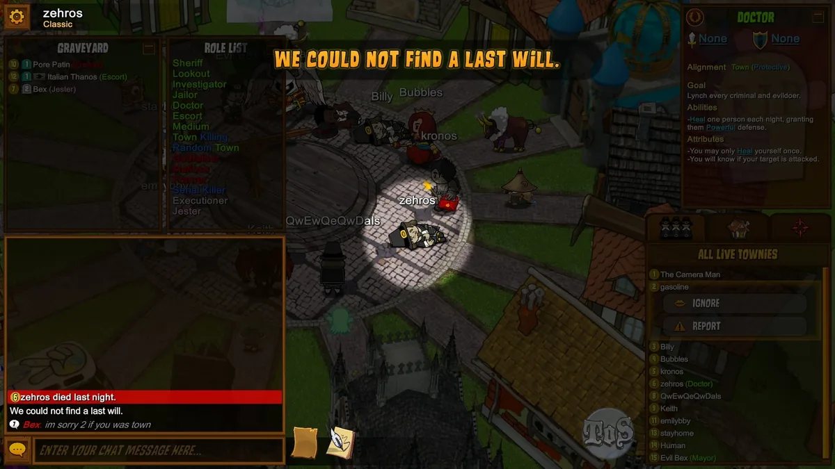 Town of Salem: a death announcement reporting that no last will was found.