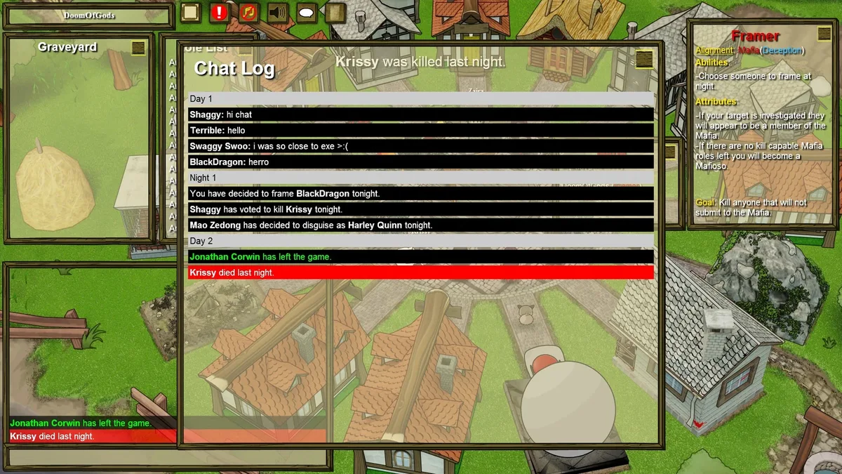 Town of Salem: the chat log showing a Framer action and a Consigliere report.