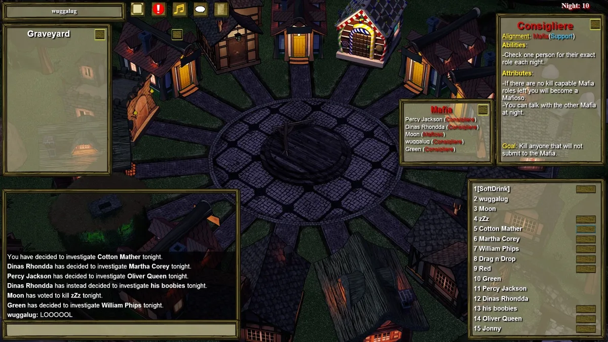 Town of Salem gameplay with the Consigliere role panel visible.