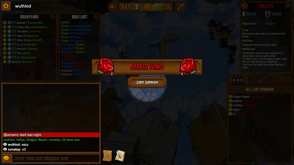 Town of Salem gameplay with the Consort role panel visible.
