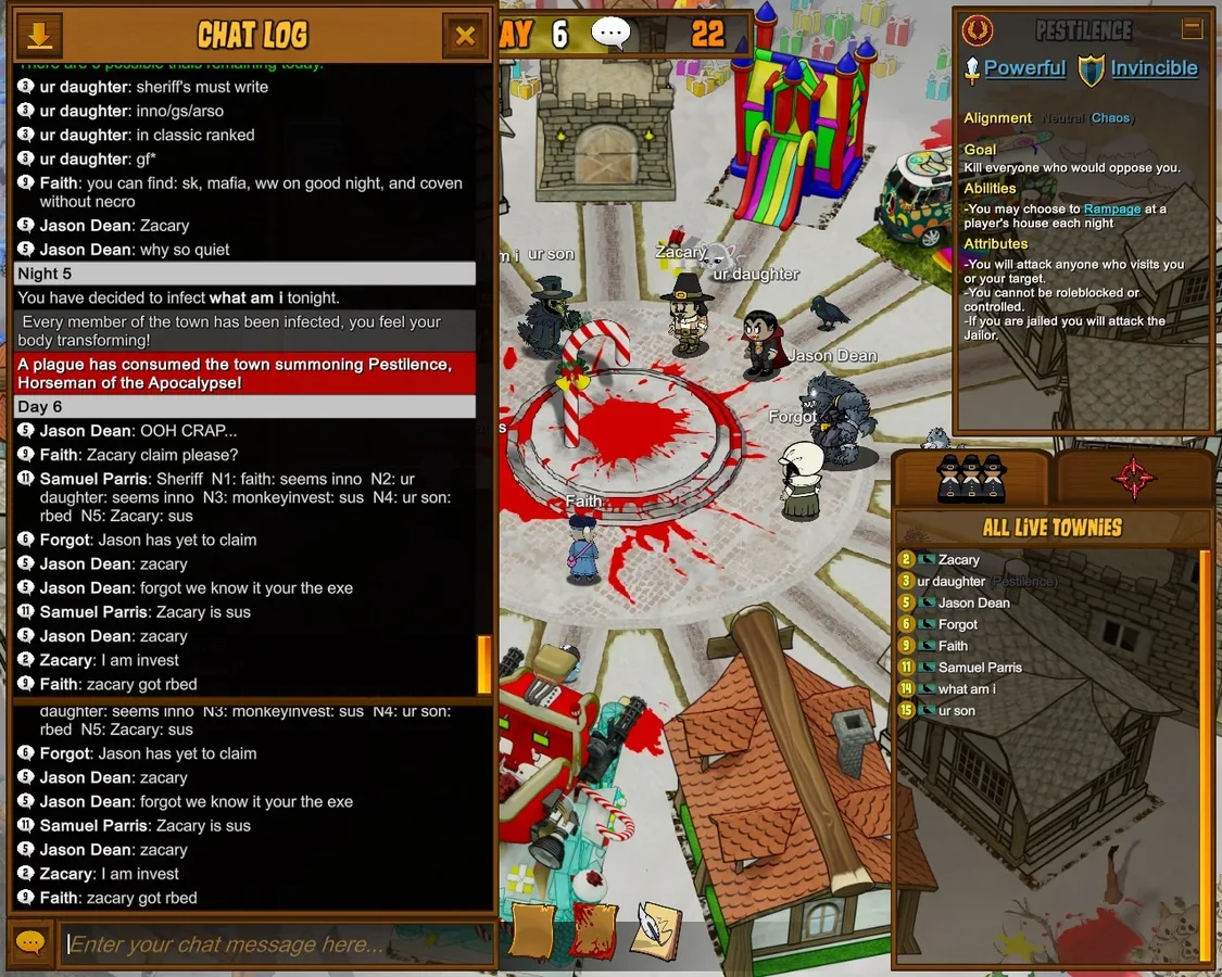 Town of Salem: public claims and investigative reports in the chat log.