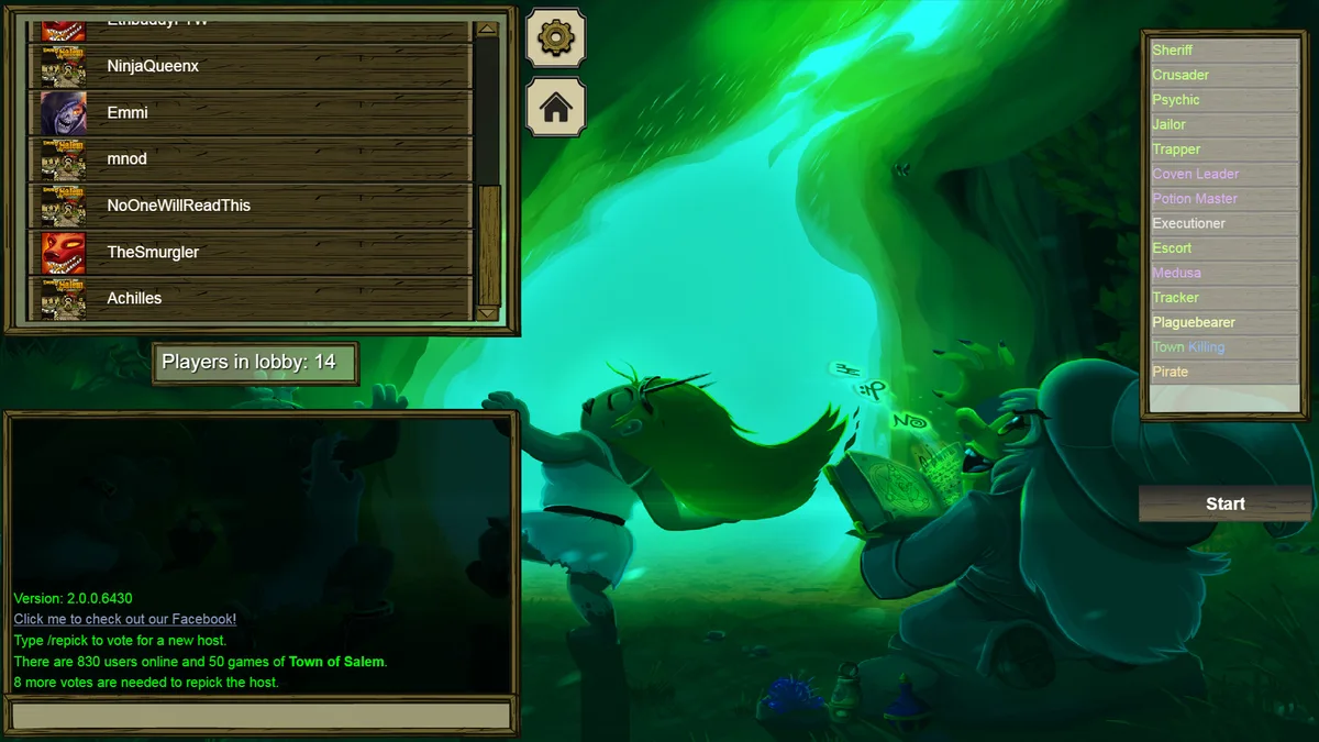 Coven expansion lobby with its player list and configured role pool.