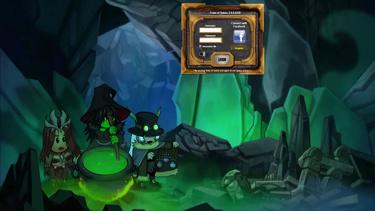 Coven characters surrounding a cauldron on the expansion login screen.