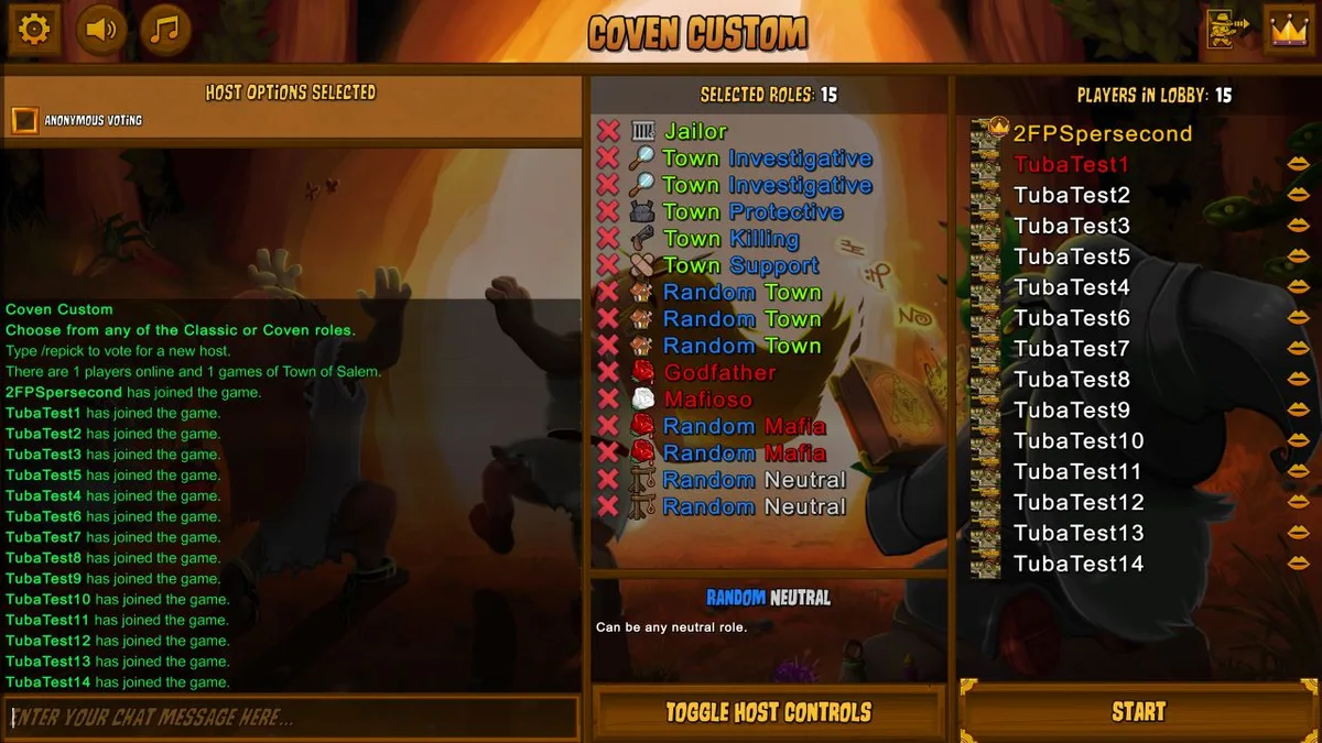 The Custom lobby lets players inspect a configured setup before the match.