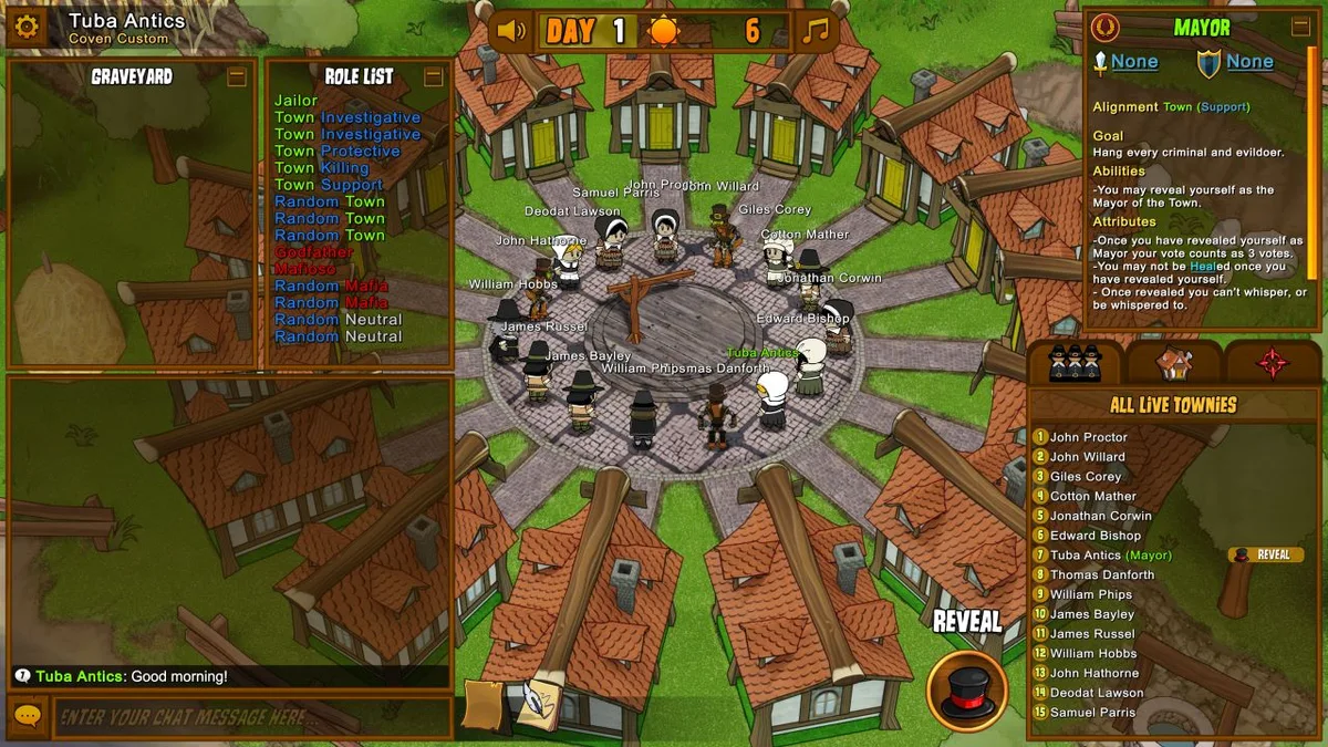 Town of Salem daytime discussion with the Town square, chat and player list