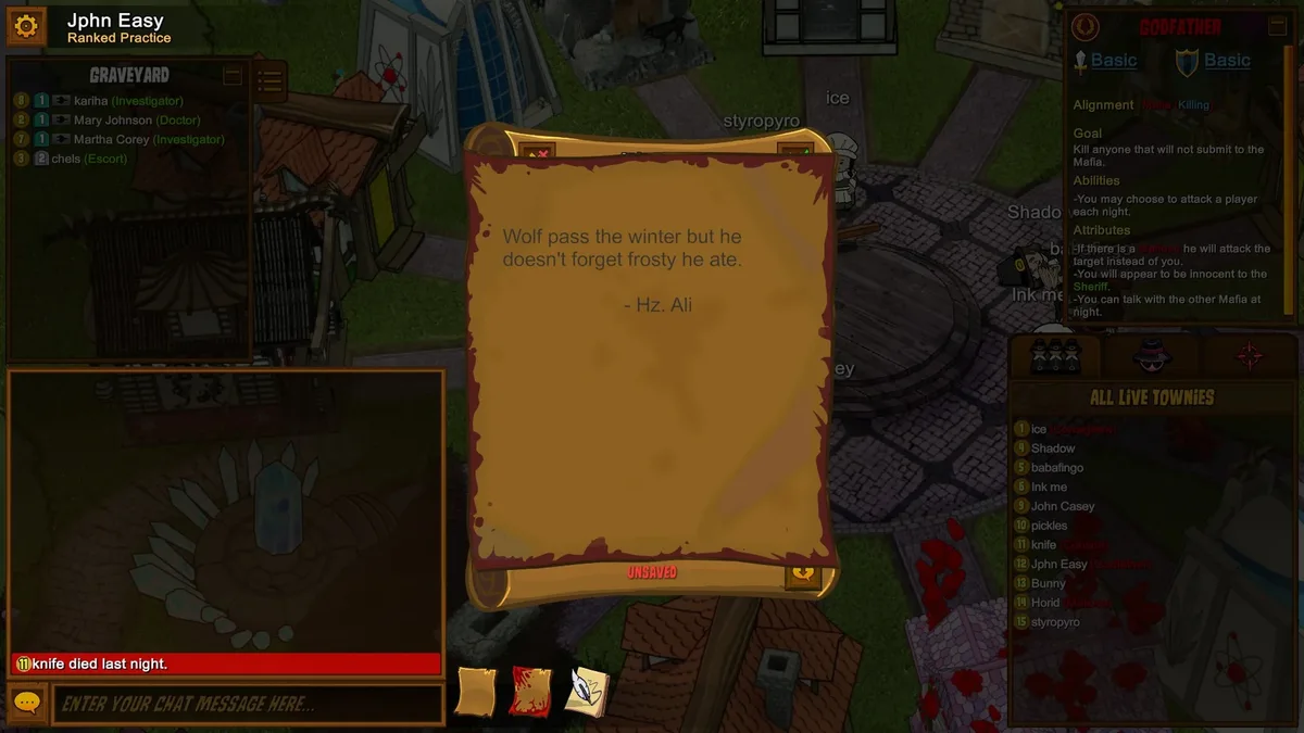 Town of Salem: a death note displayed after a night kill.