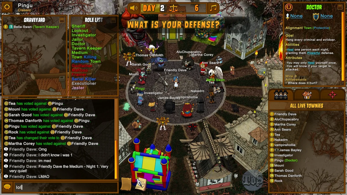Doctor role panel and the defense phase in a Classic Town of Salem match.
