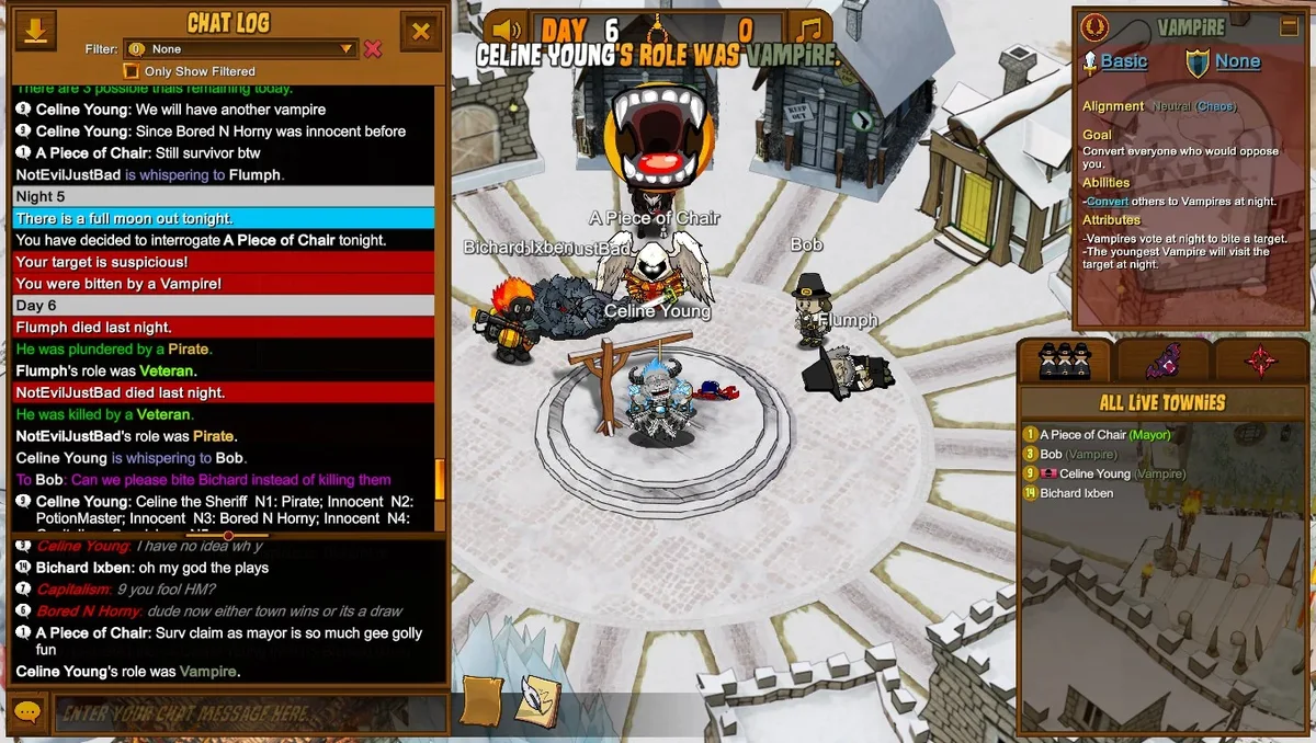 Town of Salem: chat claims and the revelation of a dead player’s role.