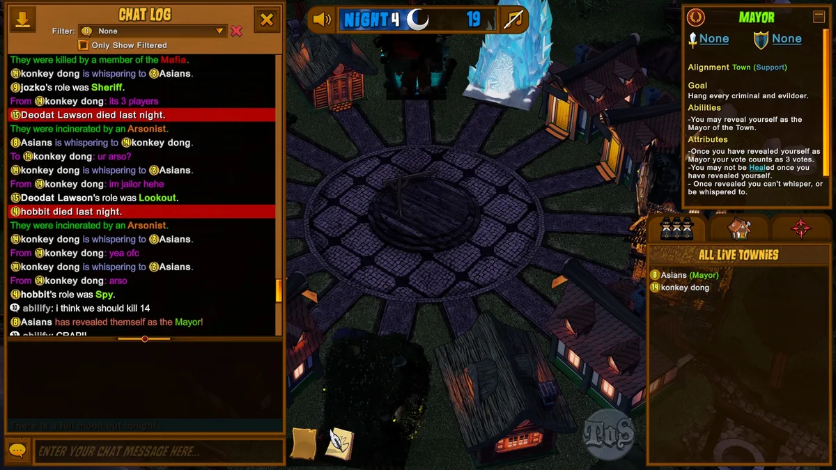 Chat log showing a false Jailor claim followed by an Arsonist admission.