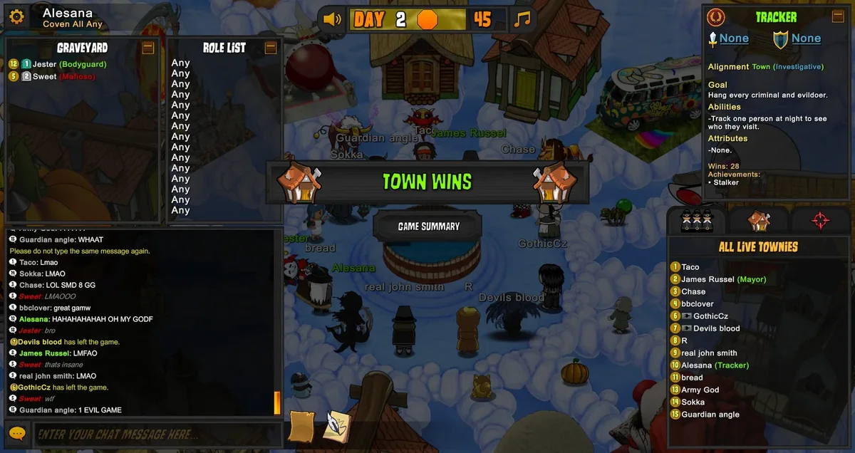 Town of Salem gameplay illustrating common starting questions.