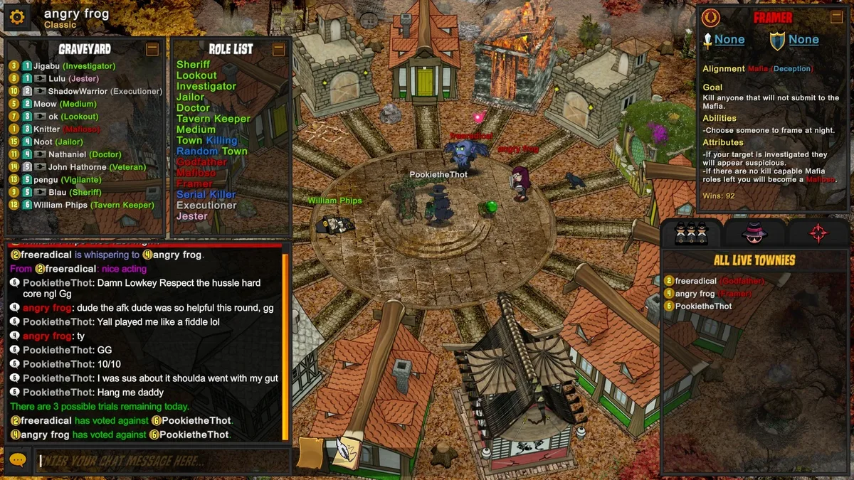 Town of Salem gameplay with the Framer role panel visible.