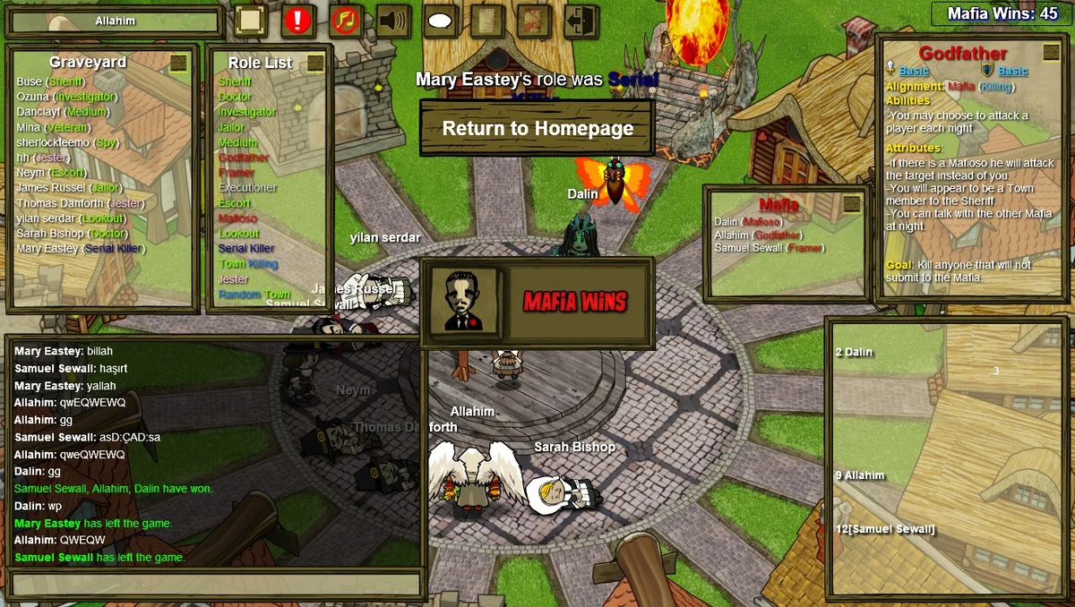Mafia victory with the Godfather role panel in the legacy Town of Salem client.