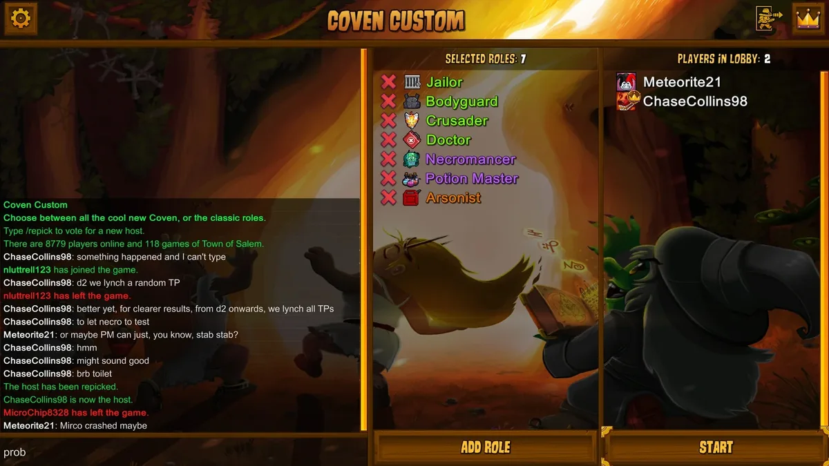 Town of Salem: the Coven Custom lobby with editable role slots.