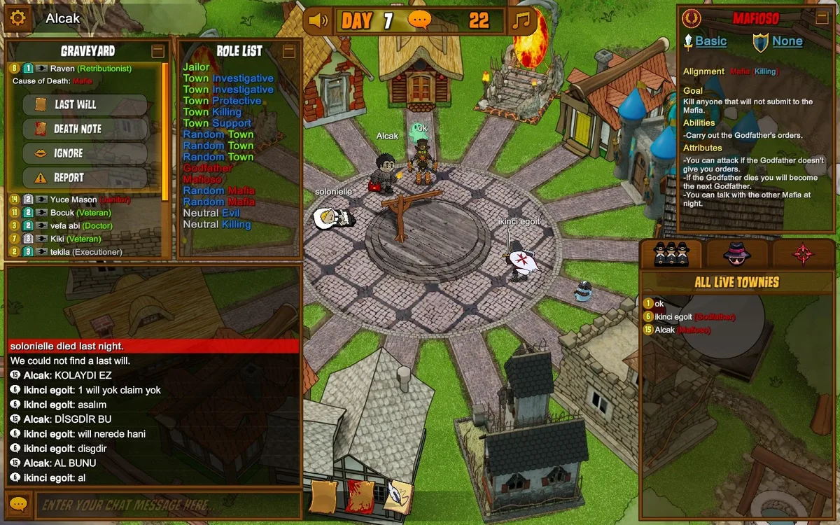 Town of Salem: a graveyard entry with separate Last Will and Death Note controls.