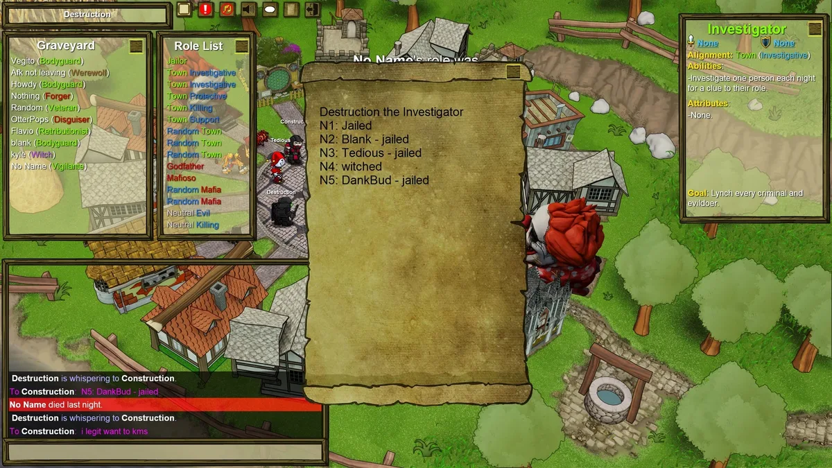 Town of Salem: an Investigator last will recording night results.