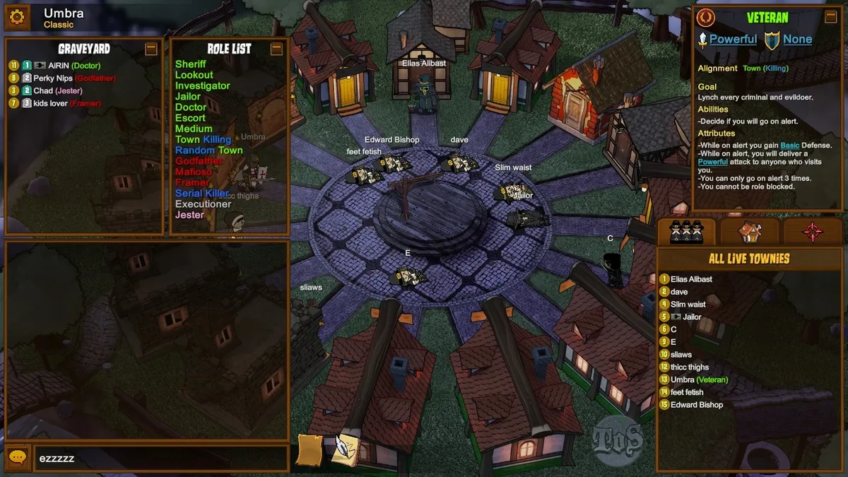 Town of Salem: the Classic role list during a Veteran night.
