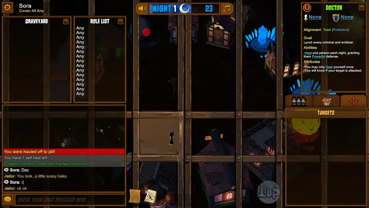 Town of Salem: a jailed player at night.