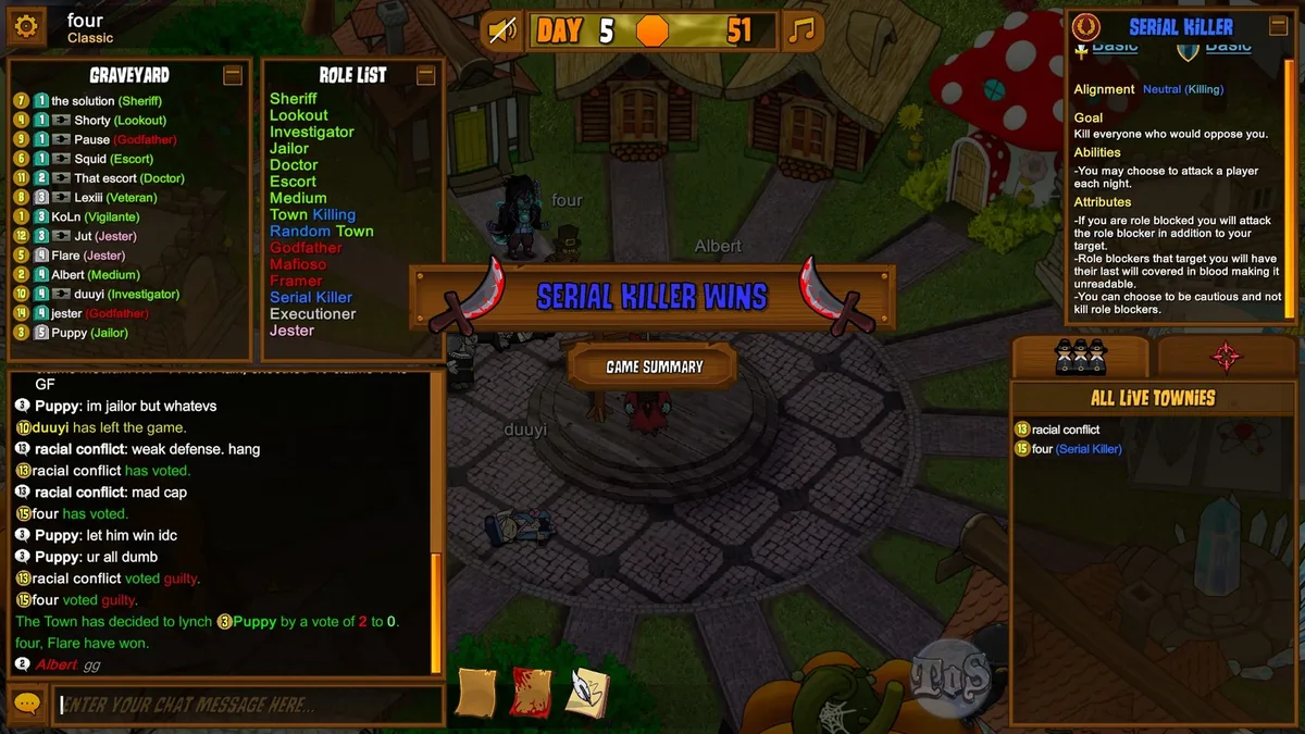 Town of Salem: a Serial Killer victory with two players remaining.