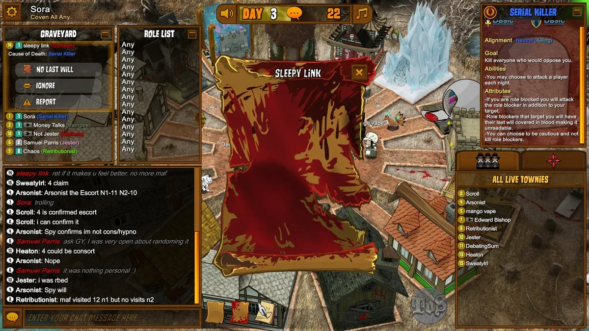 Town of Salem: a last will shown after a player dies.
