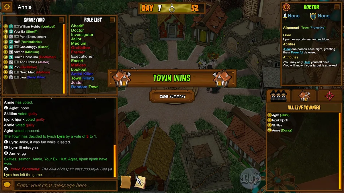 Town of Salem gameplay illustrating choose a protection target.