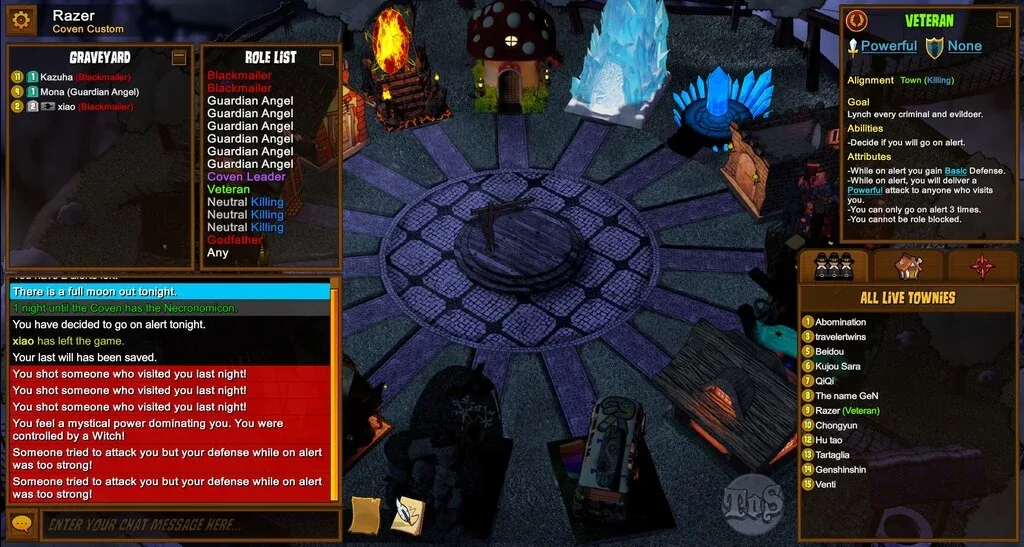 Town of Salem: veteran night controls showing alerts remaining.