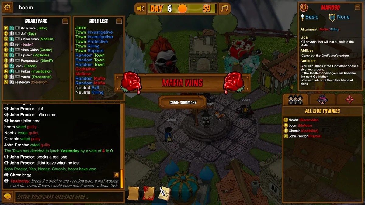 Town of Salem gameplay illustrating coordinate the mafia.