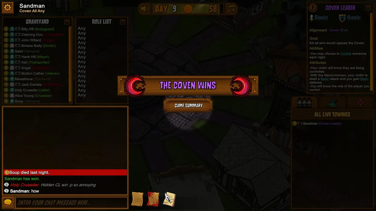 Town of Salem: coven victory at the end of a match.
