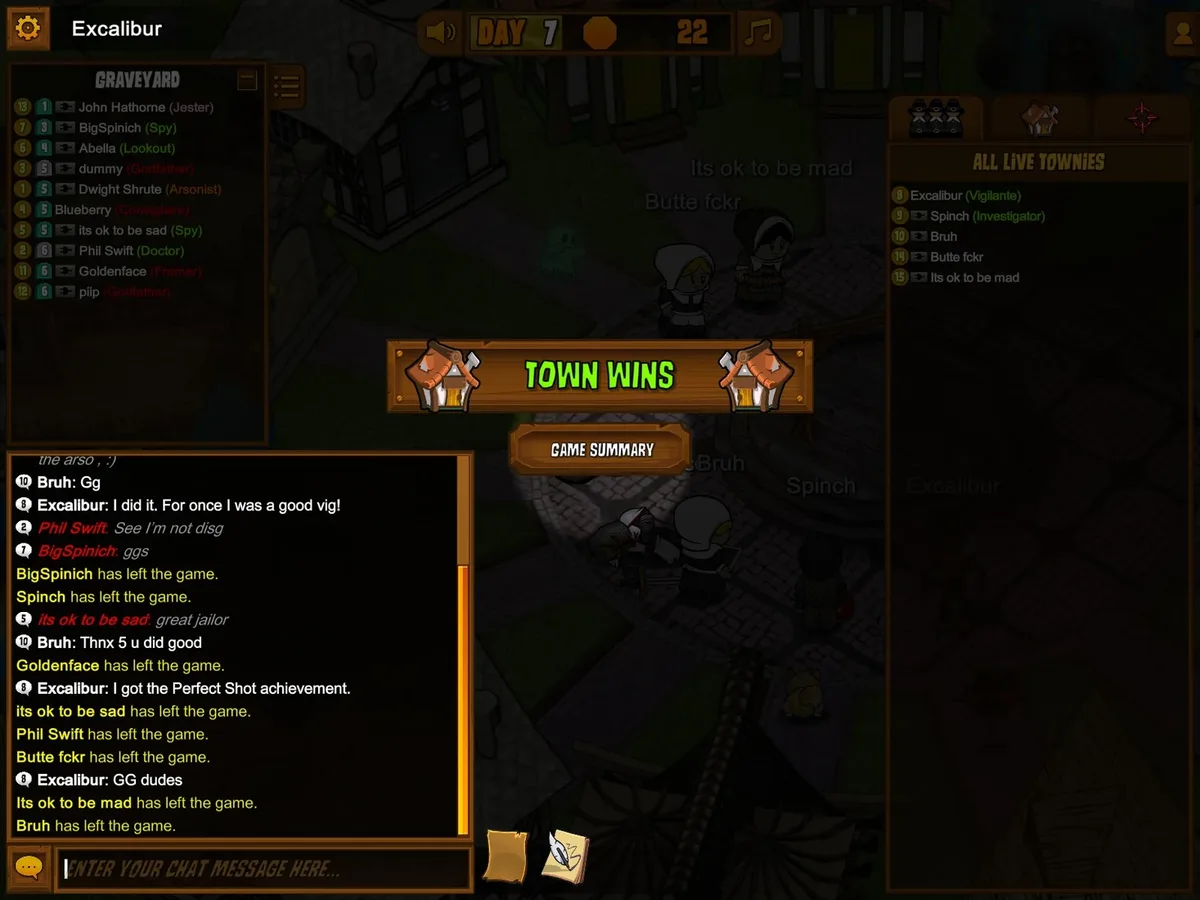 Town of Salem gameplay illustrating cross-check the evidence.