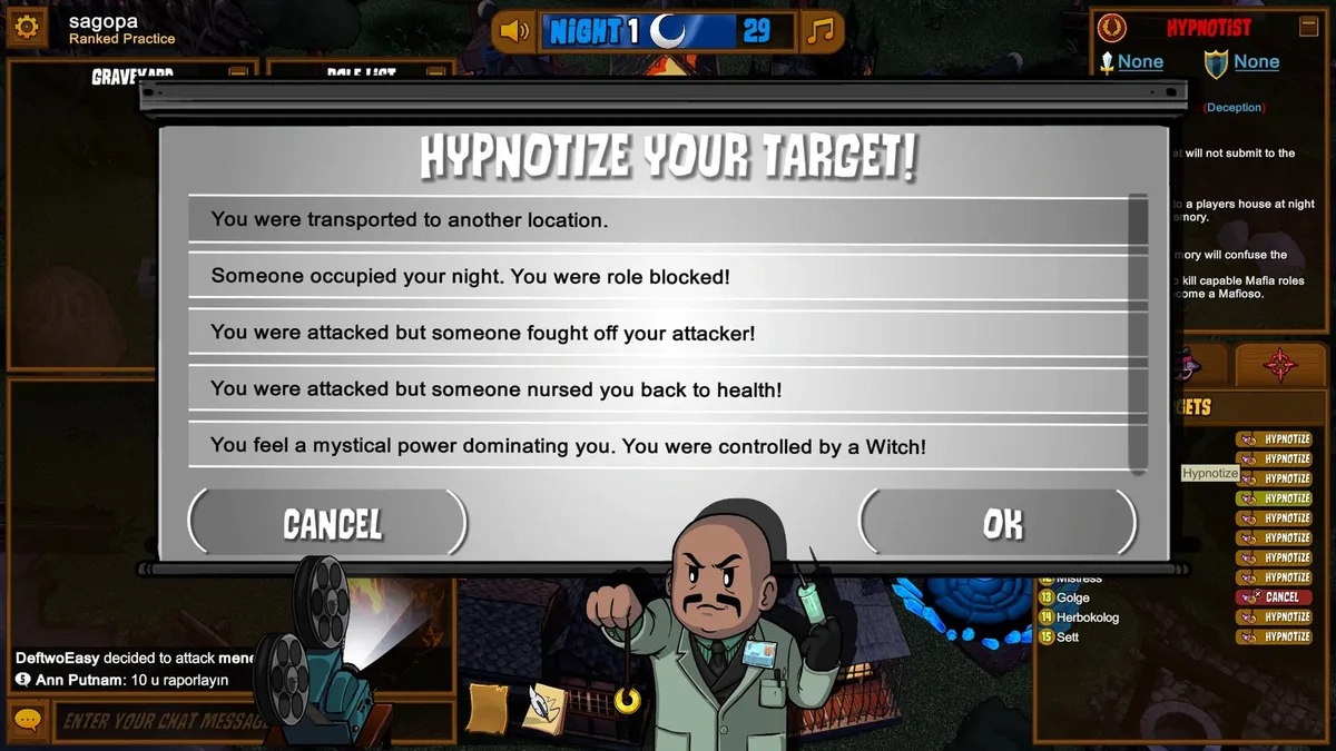 Town of Salem: the Hypnotist menu of false night messages.