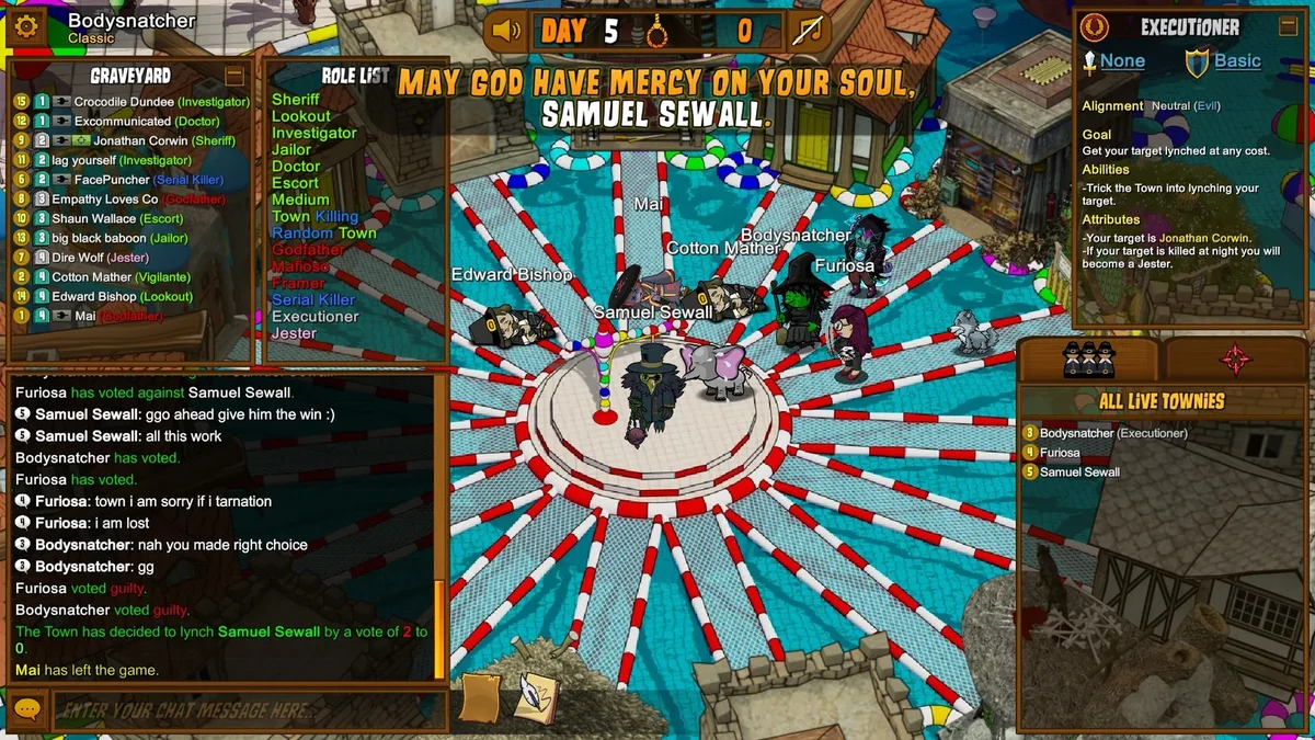 Town of Salem: a player on trial during the verdict phase.