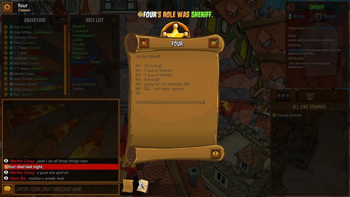 Town of Salem: a Sheriff last will displayed after death.