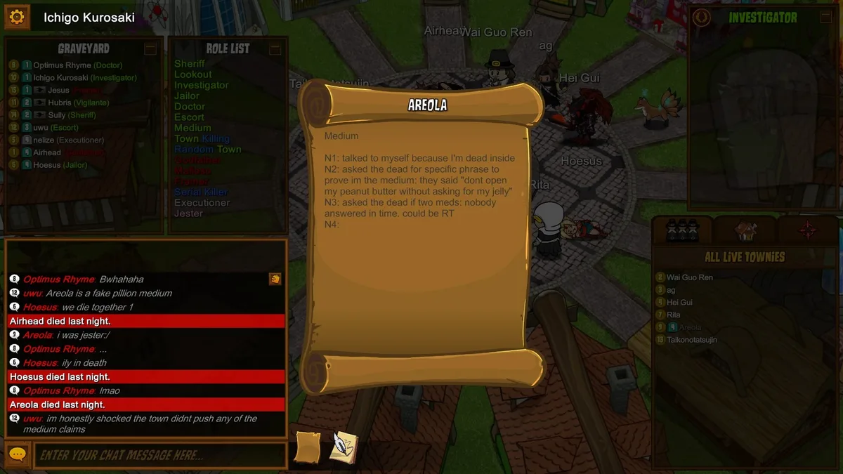 Town of Salem gameplay illustrating keep the chronology.