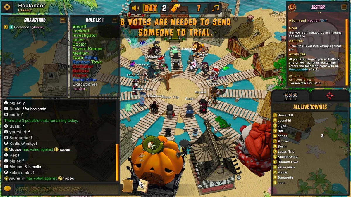 Town of Salem: day discussion and the votes needed to send a player to trial.