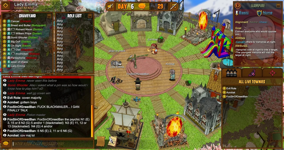 Town of Salem: night-result claims posted in public chat.
