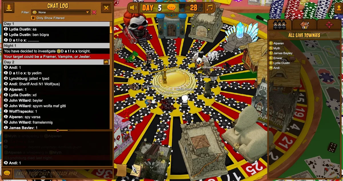 Town of Salem: investigator reports in the public chat log.