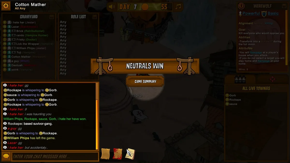 Town of Salem: neutral victory at the end of a match.