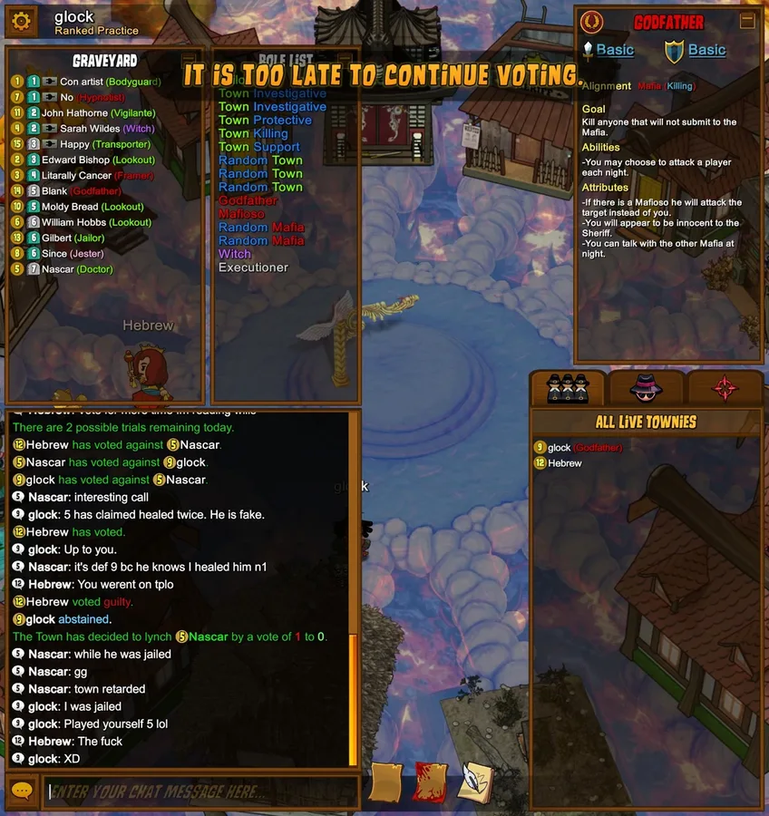 Town of Salem gameplay illustrating read the full vote trail.