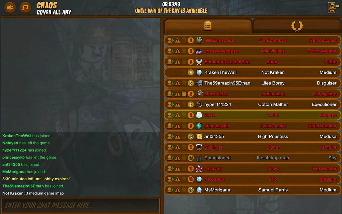 Town of Salem: a match summary revealing the players and their roles.