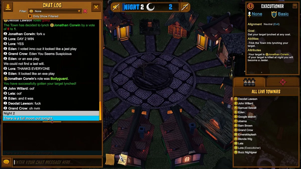 Town of Salem: a chat log discussing a suspicious claim and a possible Jester play.