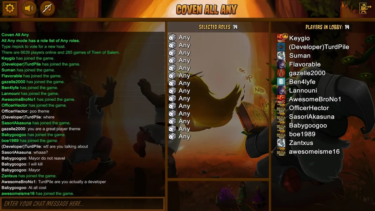 Town of Salem: the Coven All Any lobby with unrestricted role slots.