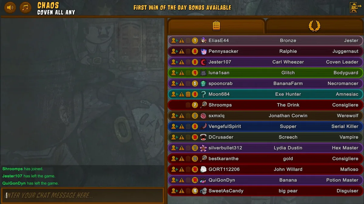 Town of Salem: the end-of-game role summary in Coven All Any.
