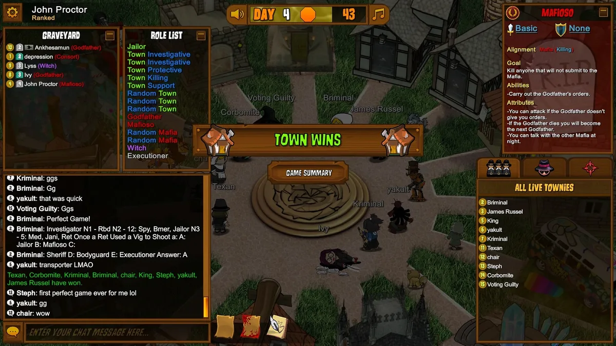 Town of Salem gameplay illustrating turn information into votes.